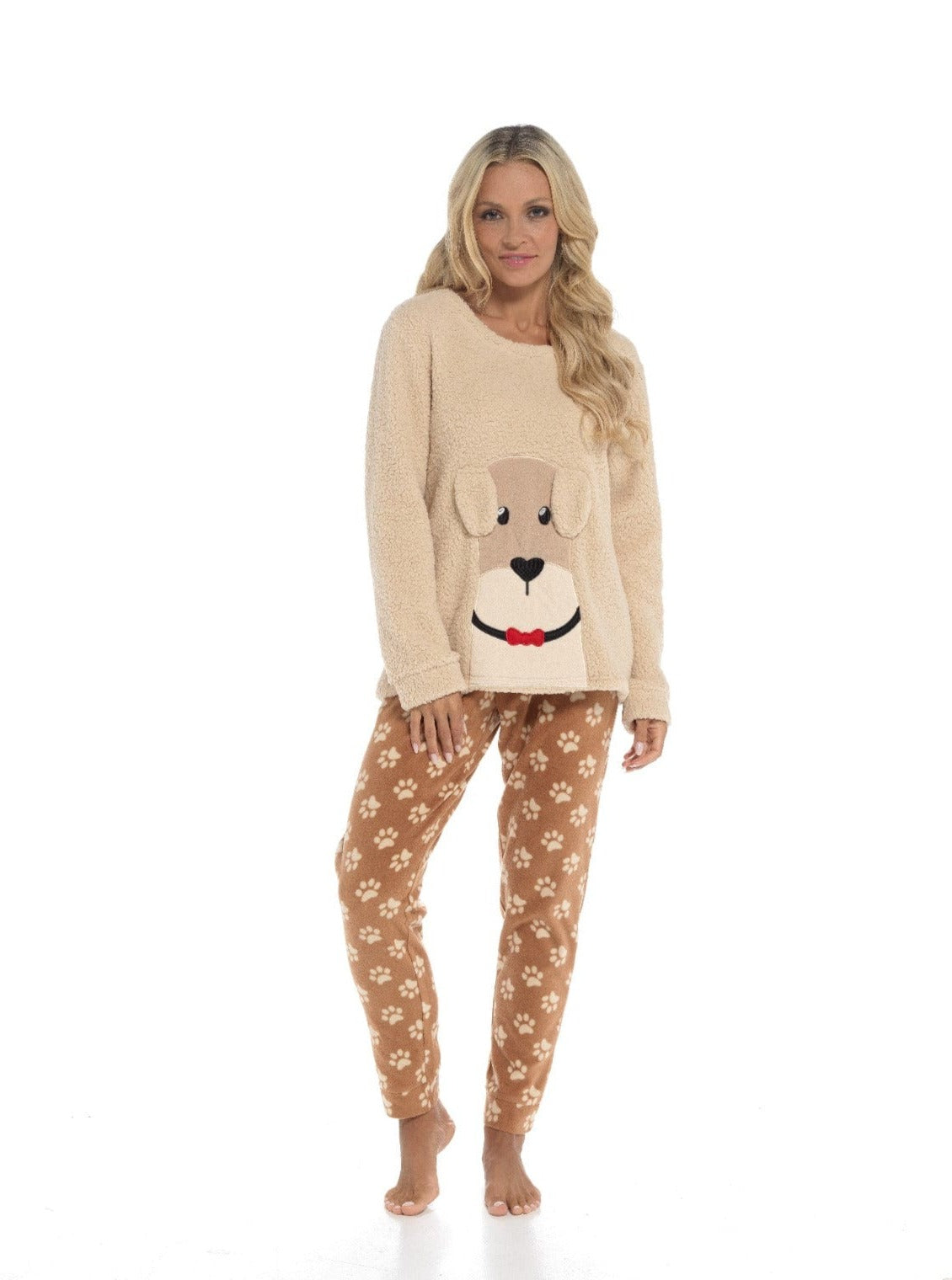 OLIVIA ROCCO Women's Fleece Pyjama Set Dog Snuggle Design Long Sleeve Top Patterned