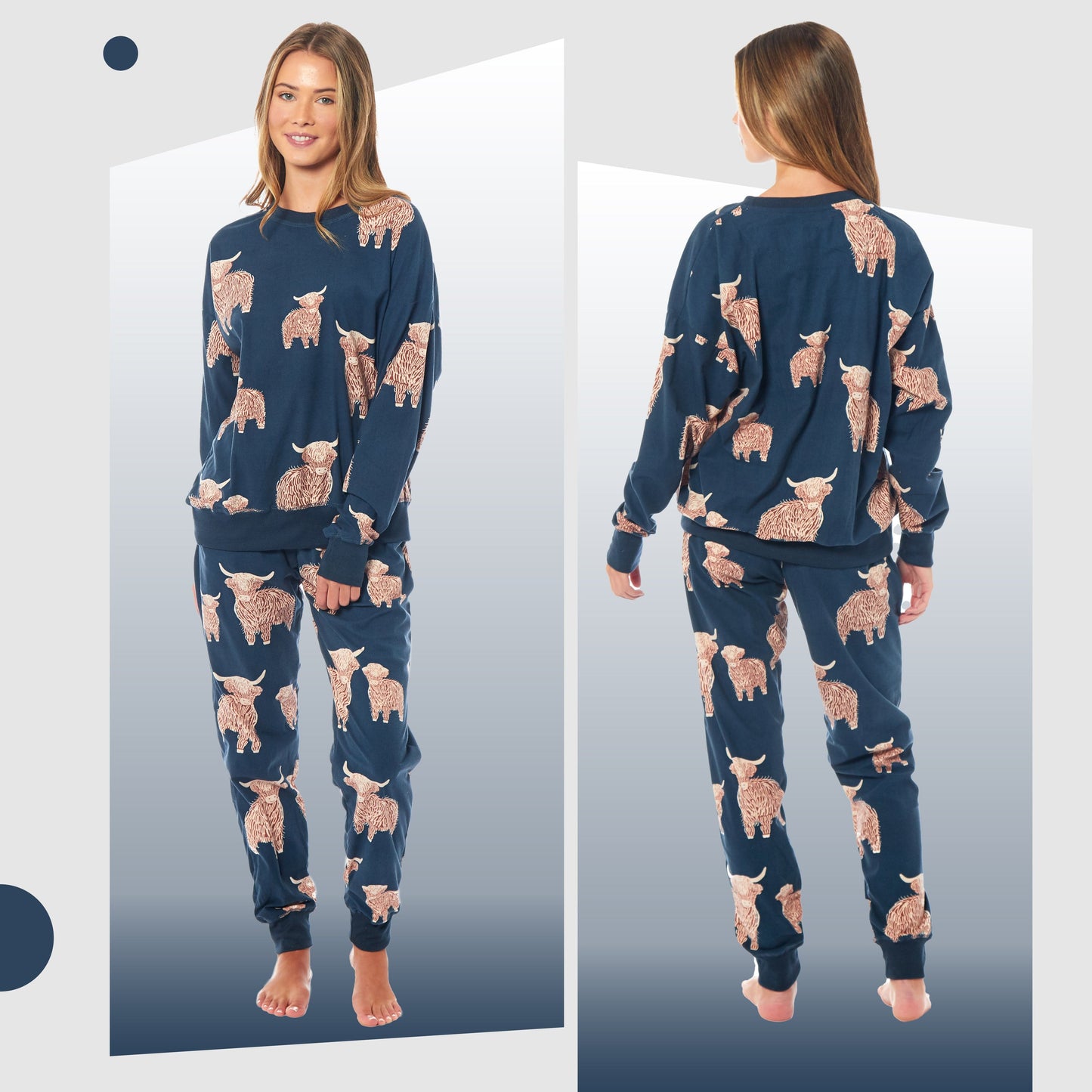 OLIVIA ROCCO Women's Fleece Pyjama Set Highland Cow Print Long Sleeve Soft Warm Sleepwear
