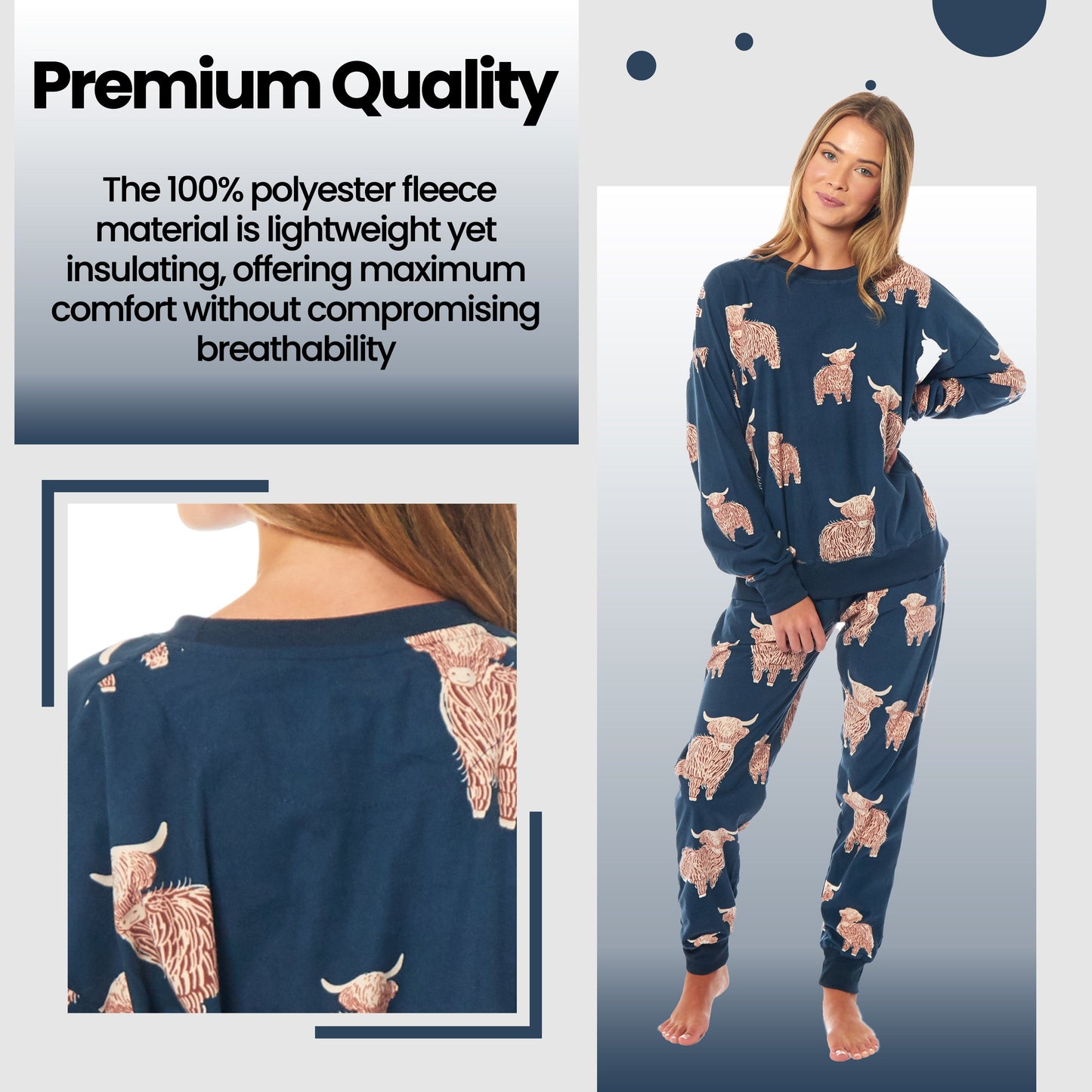 OLIVIA ROCCO Women's Fleece Pyjama Set Highland Cow Print Long Sleeve Soft Warm Sleepwear