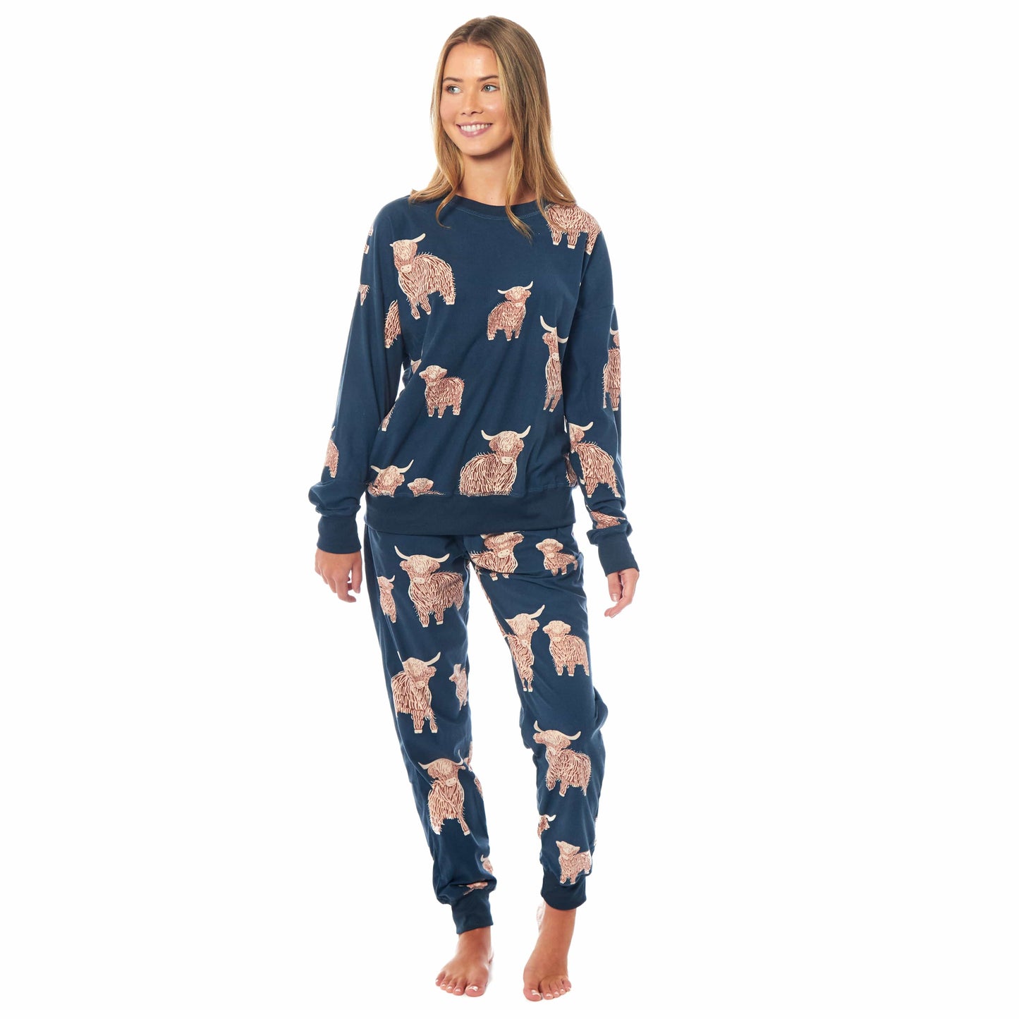 OLIVIA ROCCO Women's Fleece Pyjama Set Highland Cow Print Long Sleeve Soft Warm Sleepwear