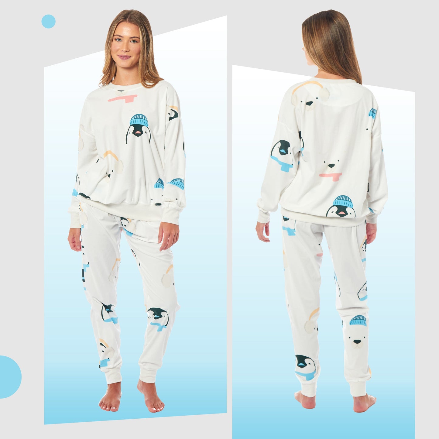 OLIVIA ROCCO Womens Soft Fleece Pyjama Set With Long Sleeve Penguins And Polar Bears