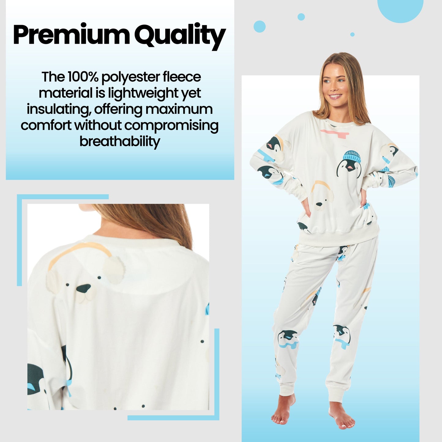 OLIVIA ROCCO Womens Soft Fleece Pyjama Set With Long Sleeve Penguins And Polar Bears