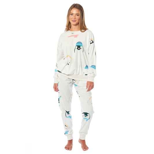 OLIVIA ROCCO Womens Soft Fleece Pyjama Set With Long Sleeve Penguins And Polar Bears