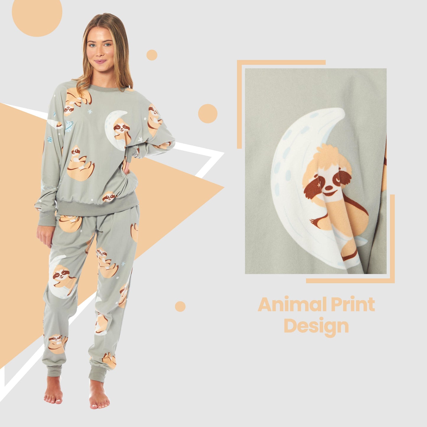 OLIVIA ROCCO Women's Sloth Soft Fleece Pyjama Set Long Sleeve Animal Print Warm Sleepwear