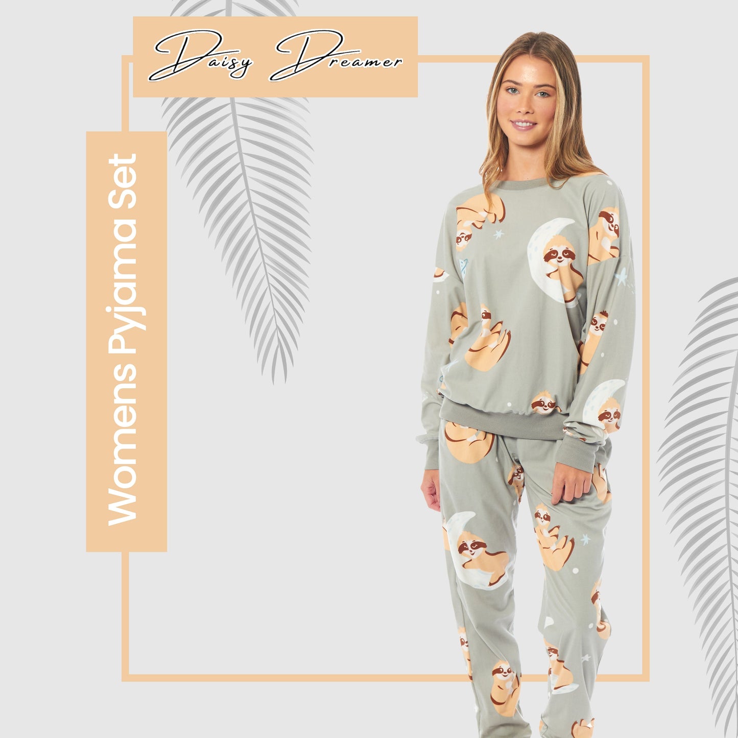OLIVIA ROCCO Women's Sloth Soft Fleece Pyjama Set Long Sleeve Animal Print Warm Sleepwear