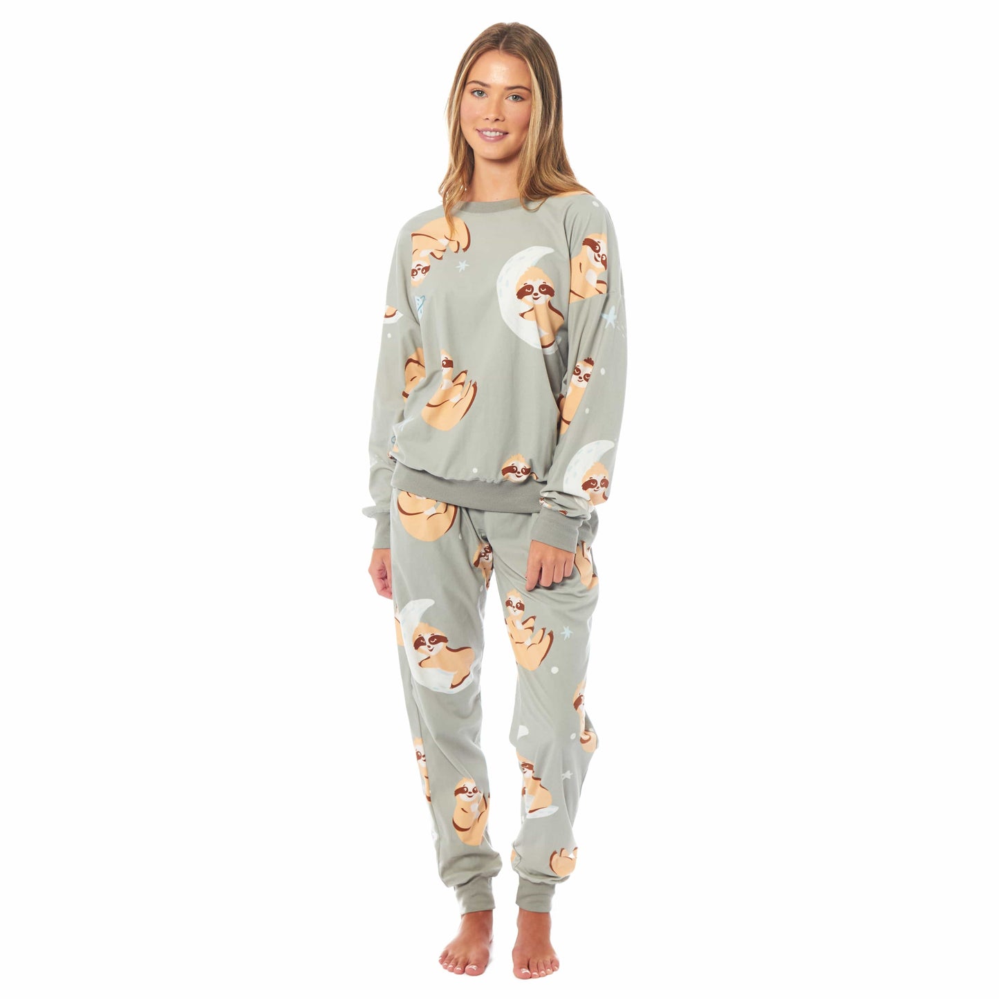 OLIVIA ROCCO Women's Sloth Soft Fleece Pyjama Set Long Sleeve Animal Print Warm Sleepwear