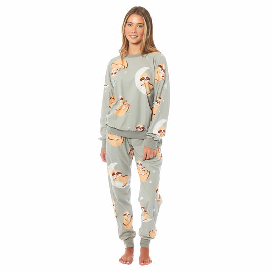 OLIVIA ROCCO Women's Sloth Soft Fleece Pyjama Set Long Sleeve Animal Print Warm Sleepwear