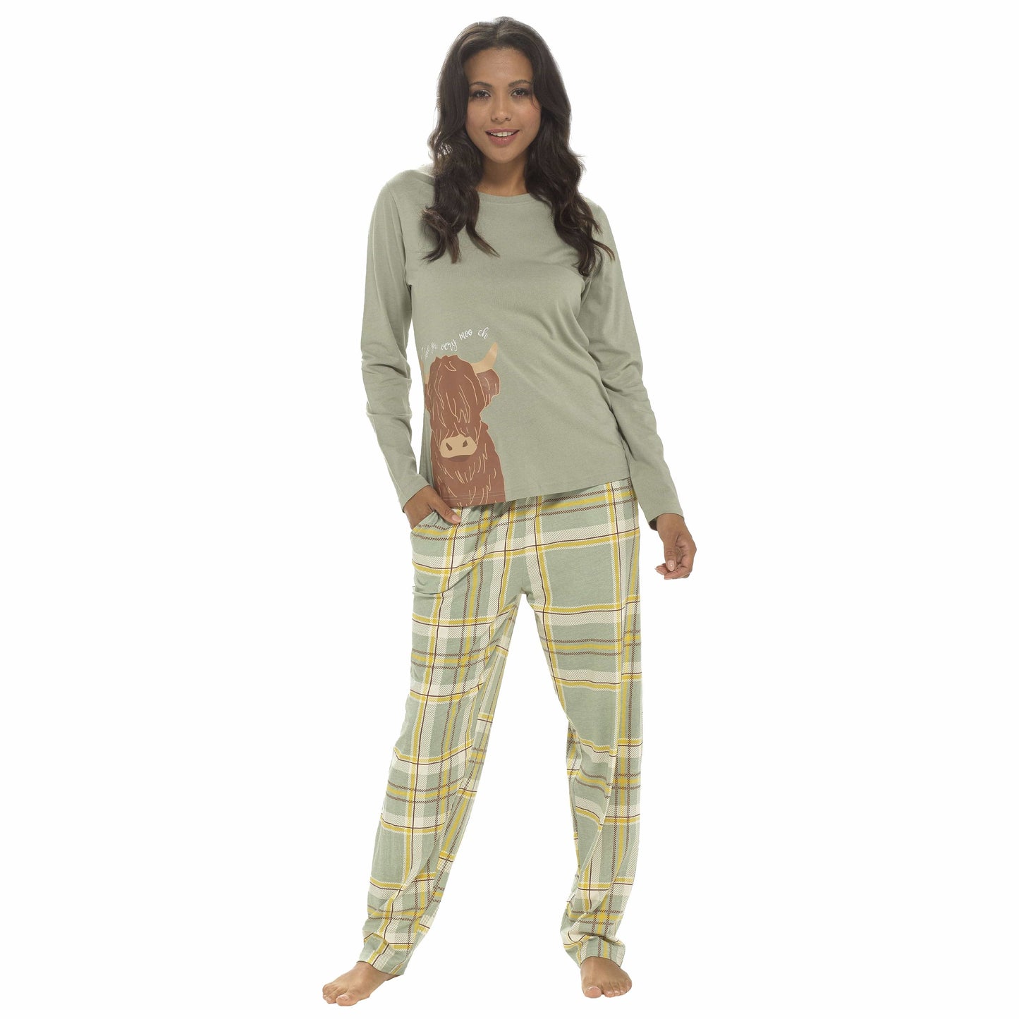 OLIVIA ROCCO Women's Highland Cow Cotton Jersey Pyjama Set Long Sleeve Super Soft Cosy Home Loungewear
