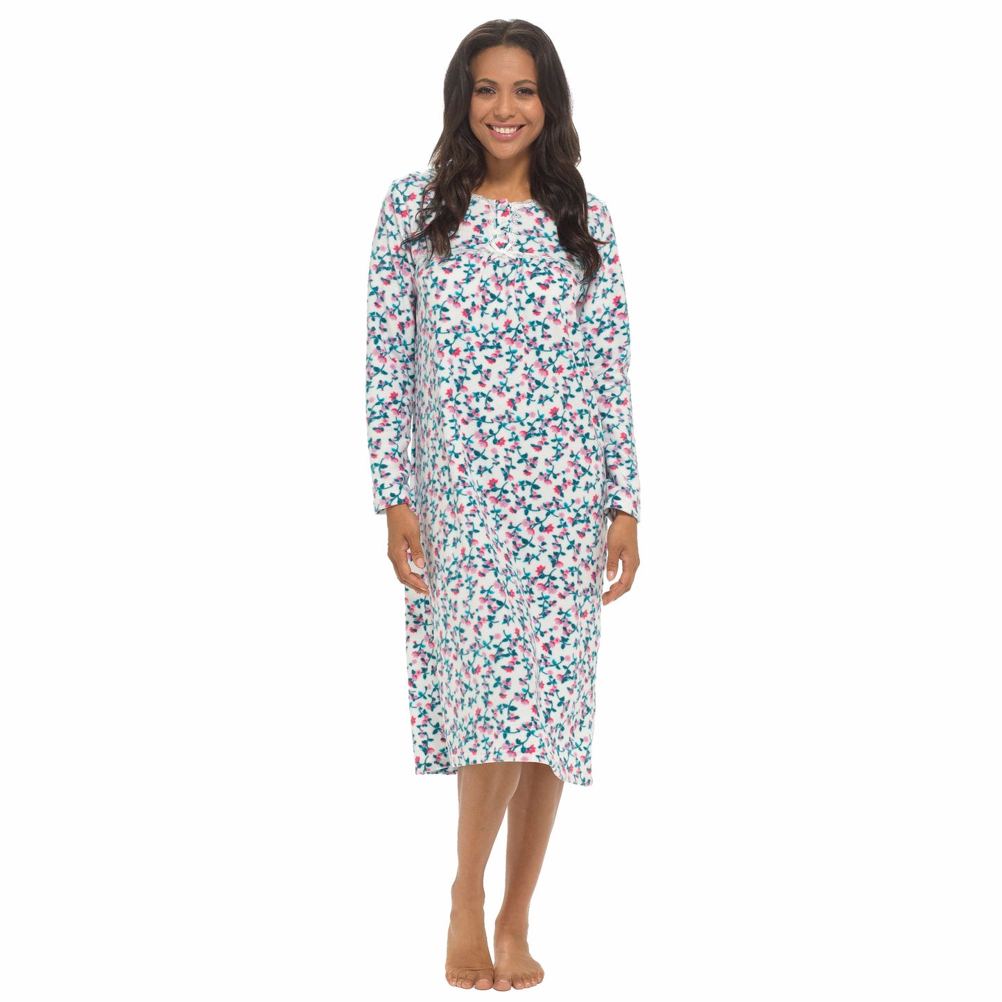 OLIVIA ROCCO Womens Fleece Nightdress Long Sleeve Floral Print Sleepwear Cosy Winter