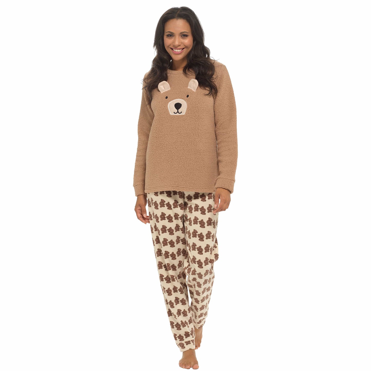 OLIVIA ROCCO Women's Teddy Bear Fleece Pyjama Set With Long Sleeve Top Super Soft Cosy Home Loungewear