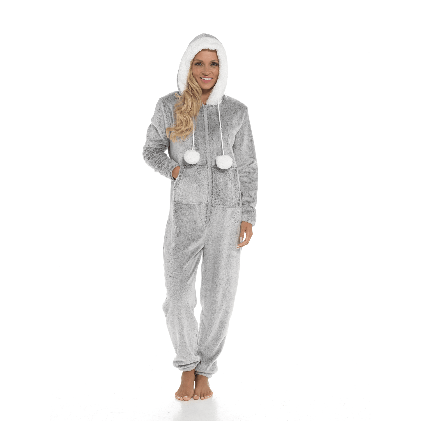 OLIVIA ROCCO Womens Shimmer Fleece Hooded Onesie With Zip Pockets Pompom Detail Easy-Care Hotel-Quality Textile