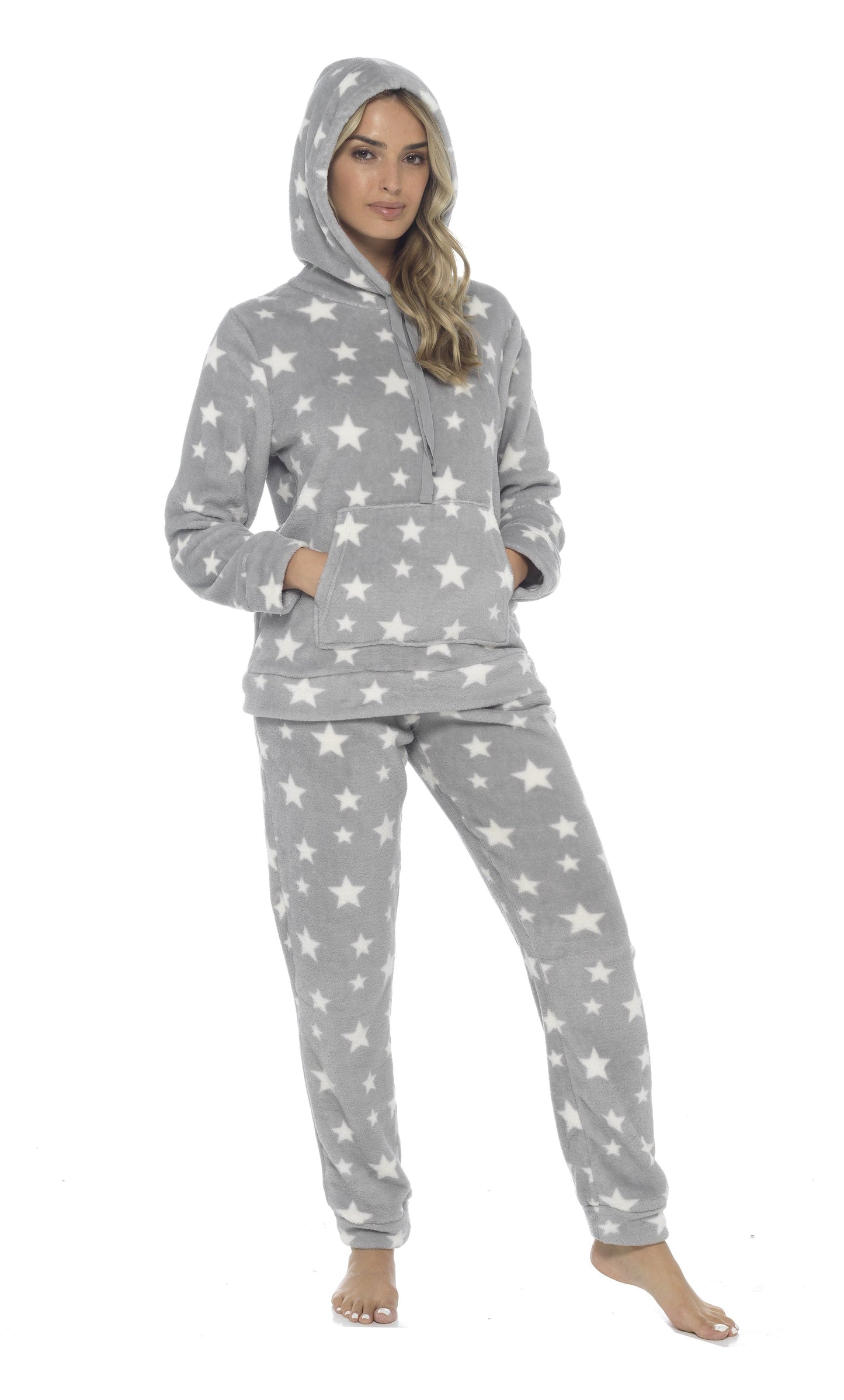 OLIVIA ROCCO Womens Stars Plush Fleece Hooded Pyjama Set Teddy Fabric Nightwear Easy-Care Super Soft Sleep Set