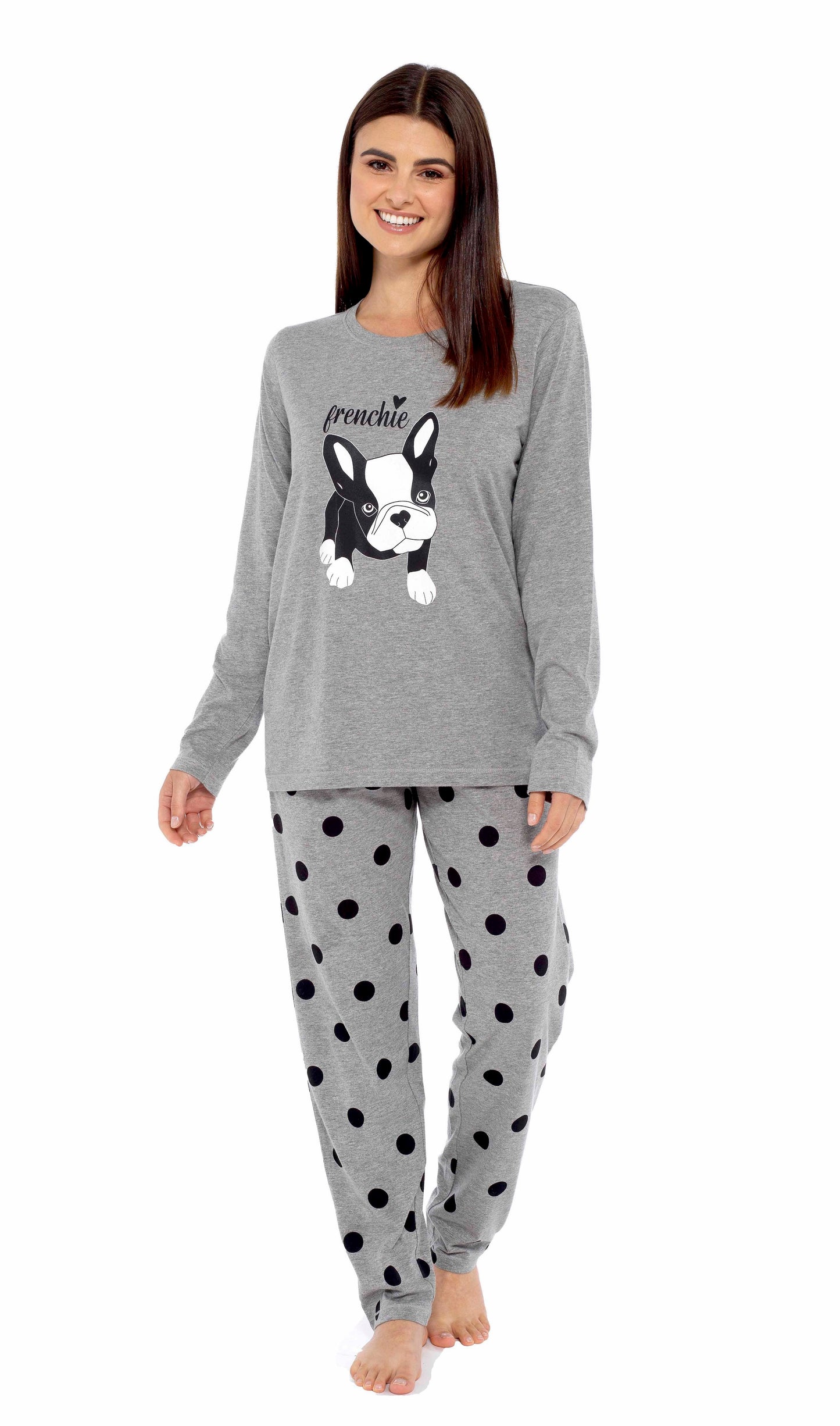 OLIVIA ROCCO Women's Grey Cotton Pyjama Set With Polka Dot Pants And Frenchie Pugs Print