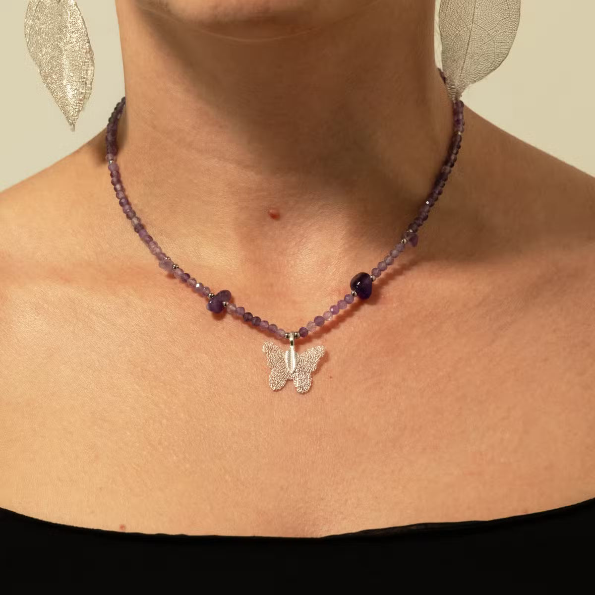 Nymph Gemstone Necklaces - Real Leaf Butterfly Pendants