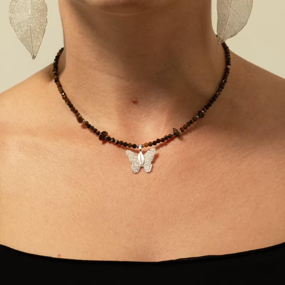 Nymph Gemstone Necklaces - Real Leaf Butterfly Pendants