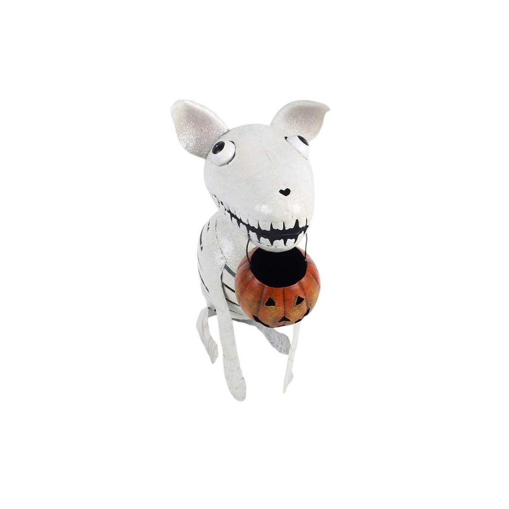 Metal Skeleton Dog Ornament with Pumpkin