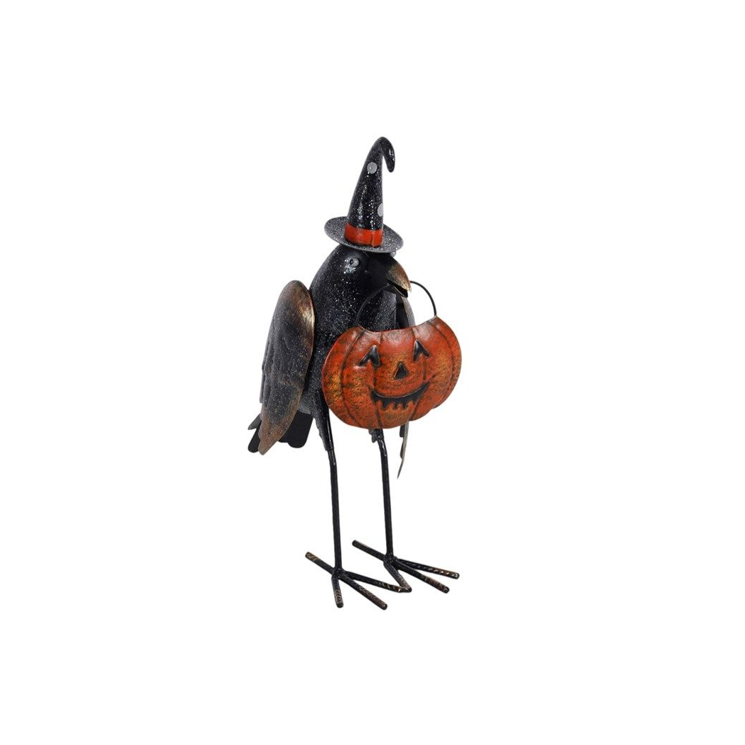 Metal Glitter Raven Ornament with Pumpkin