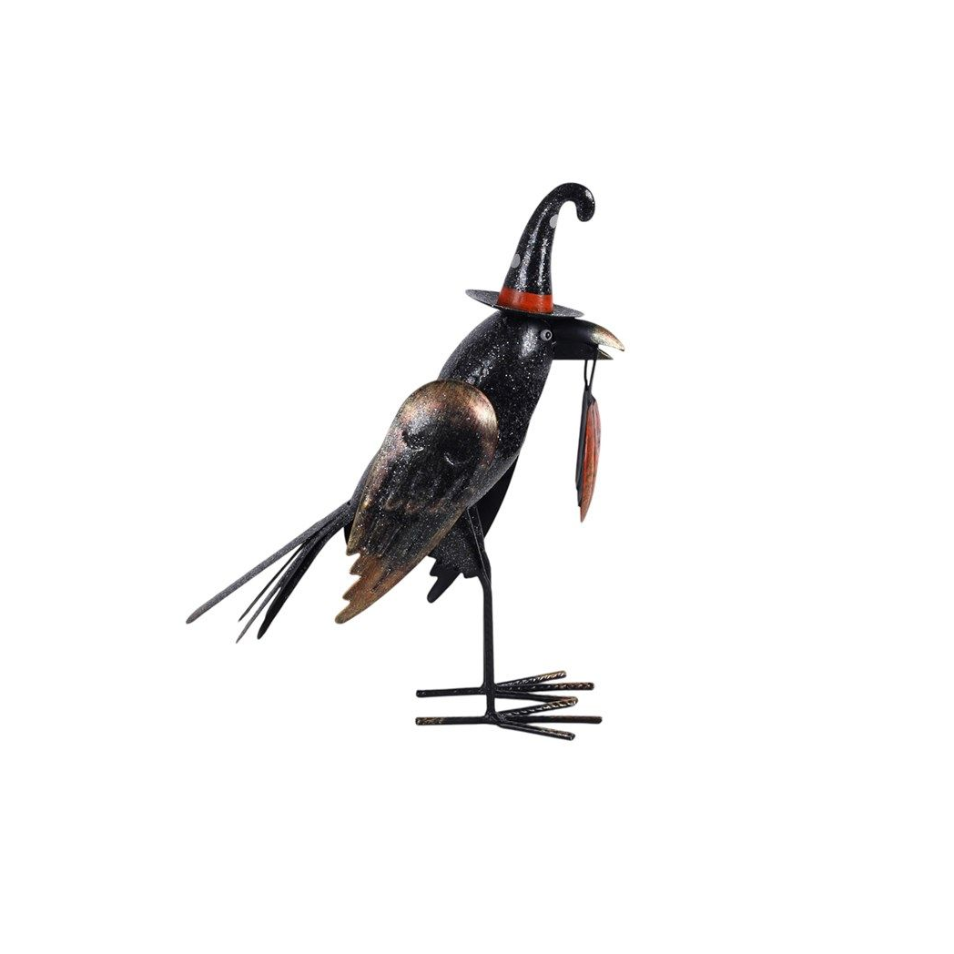 Metal Glitter Raven Ornament with Pumpkin