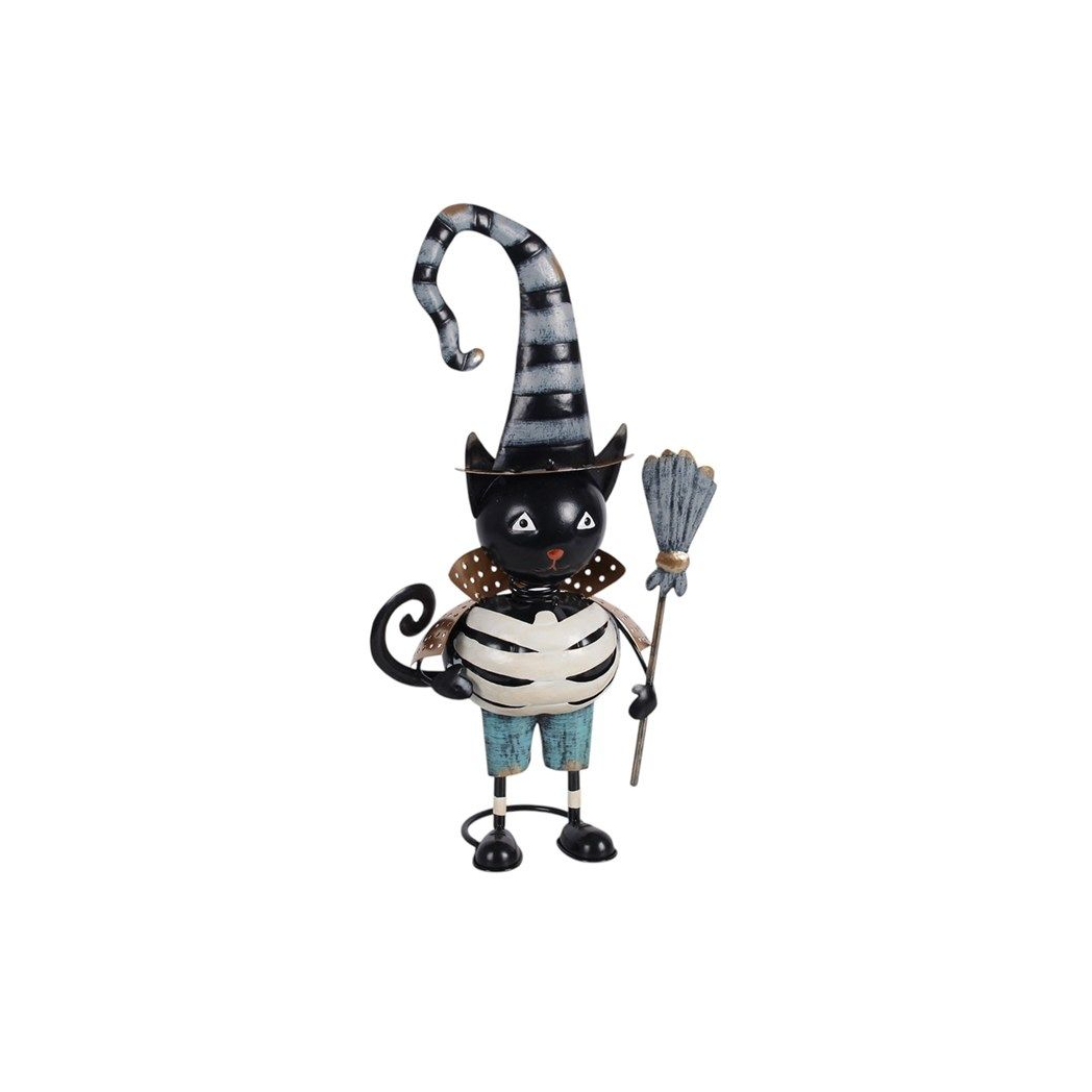 Metal Black Cat Ornament with Witch Hat