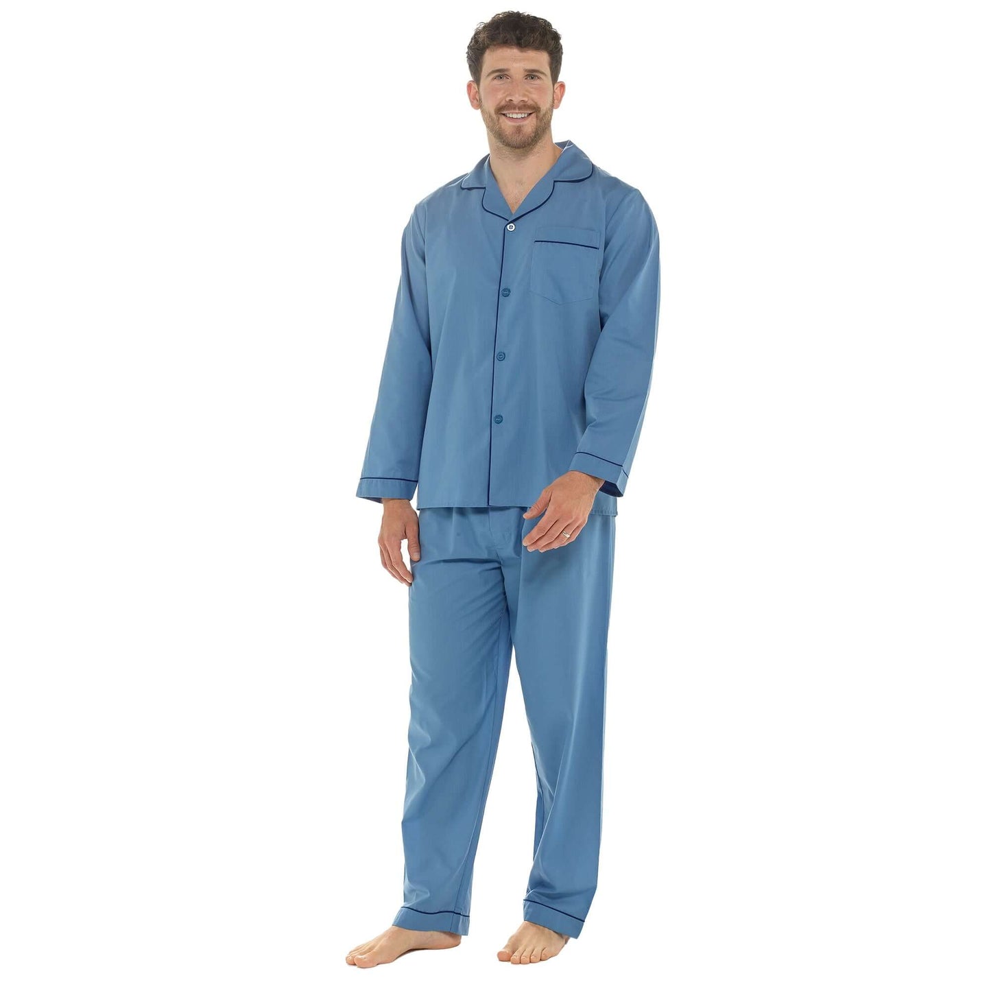 Sock Stack Mens Classic Blue Woven Pyjama Set Long Sleeve Button Top And Full Length