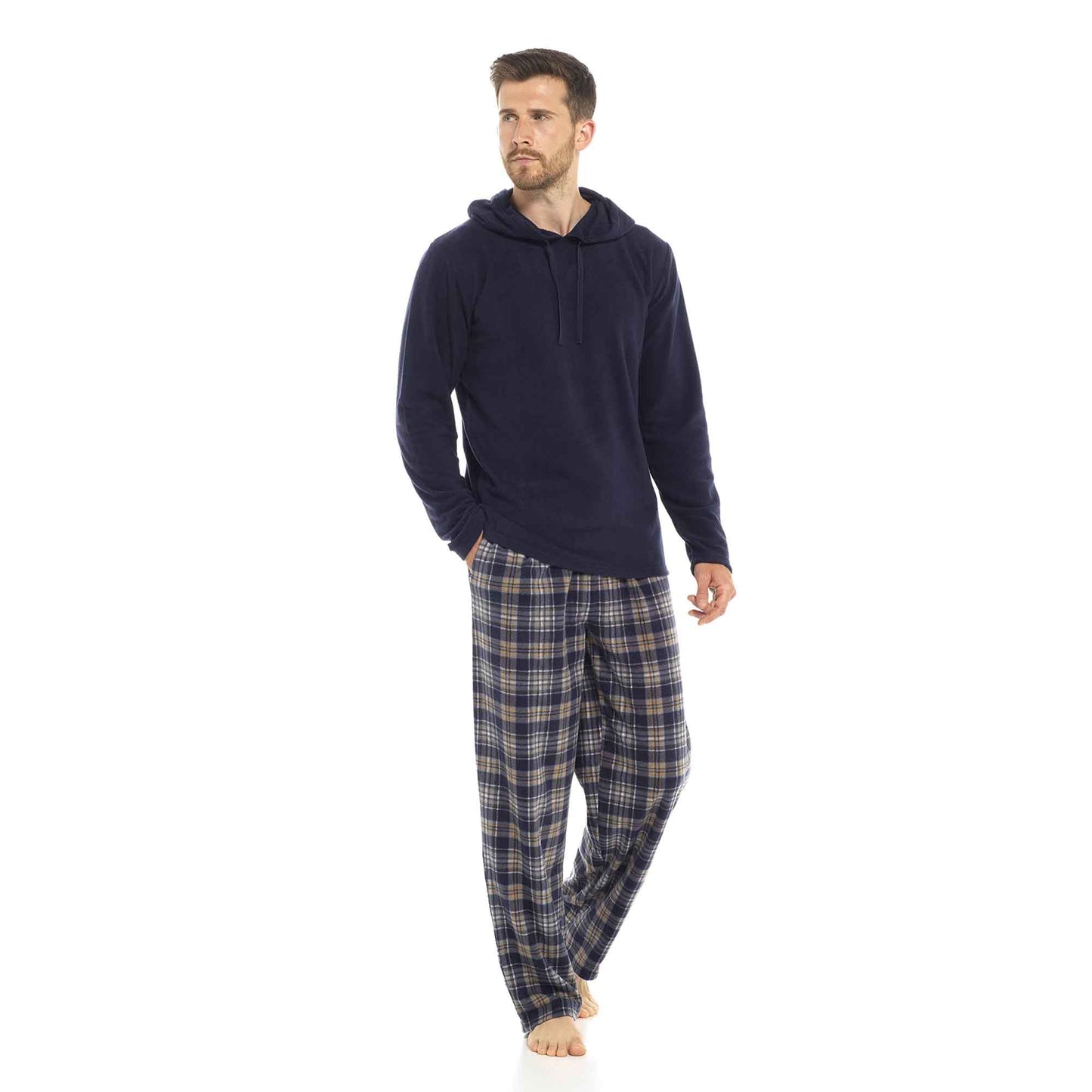 Sock Stack Men's Hooded Fleece Pyjama Set Winter Nightwear With Check Pattern And Checked