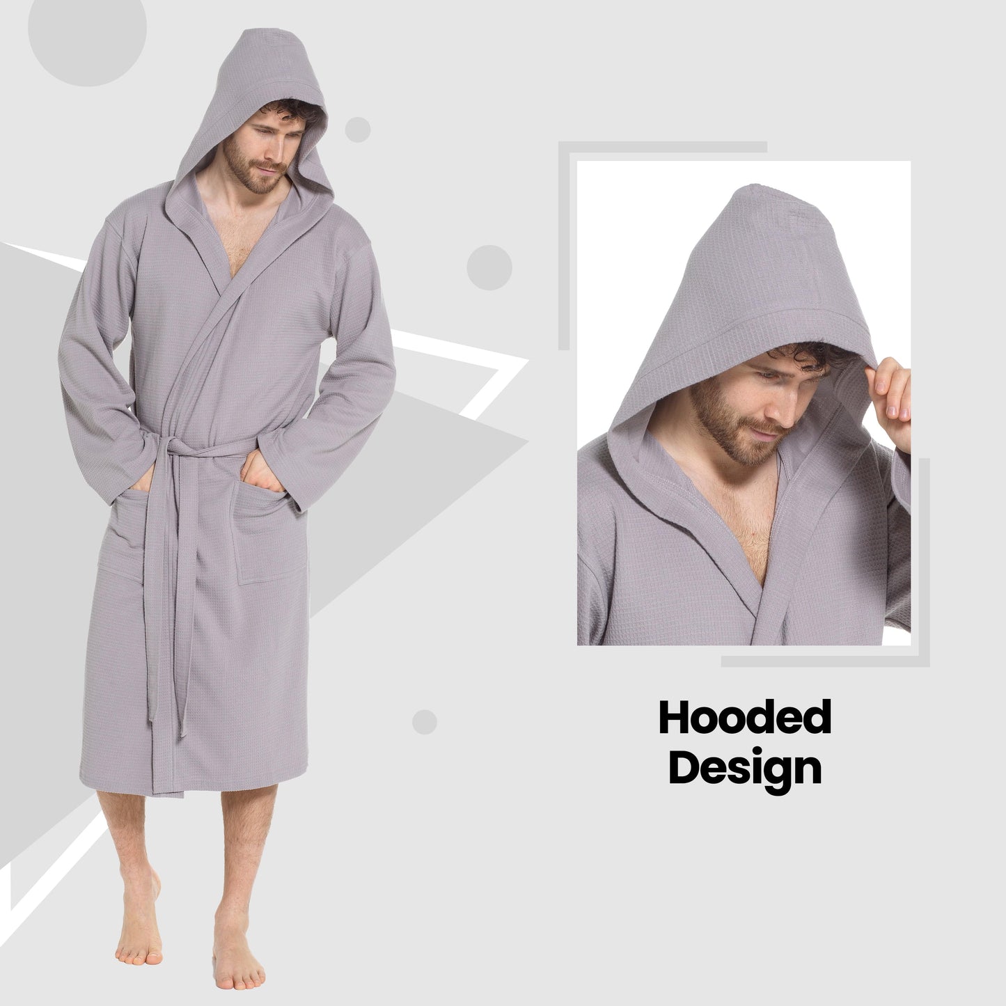 OLIVIA ROCCO Men's Hooded Waffle Cotton Bathrobe Grey 100% Cotton Super Absorbent Spa