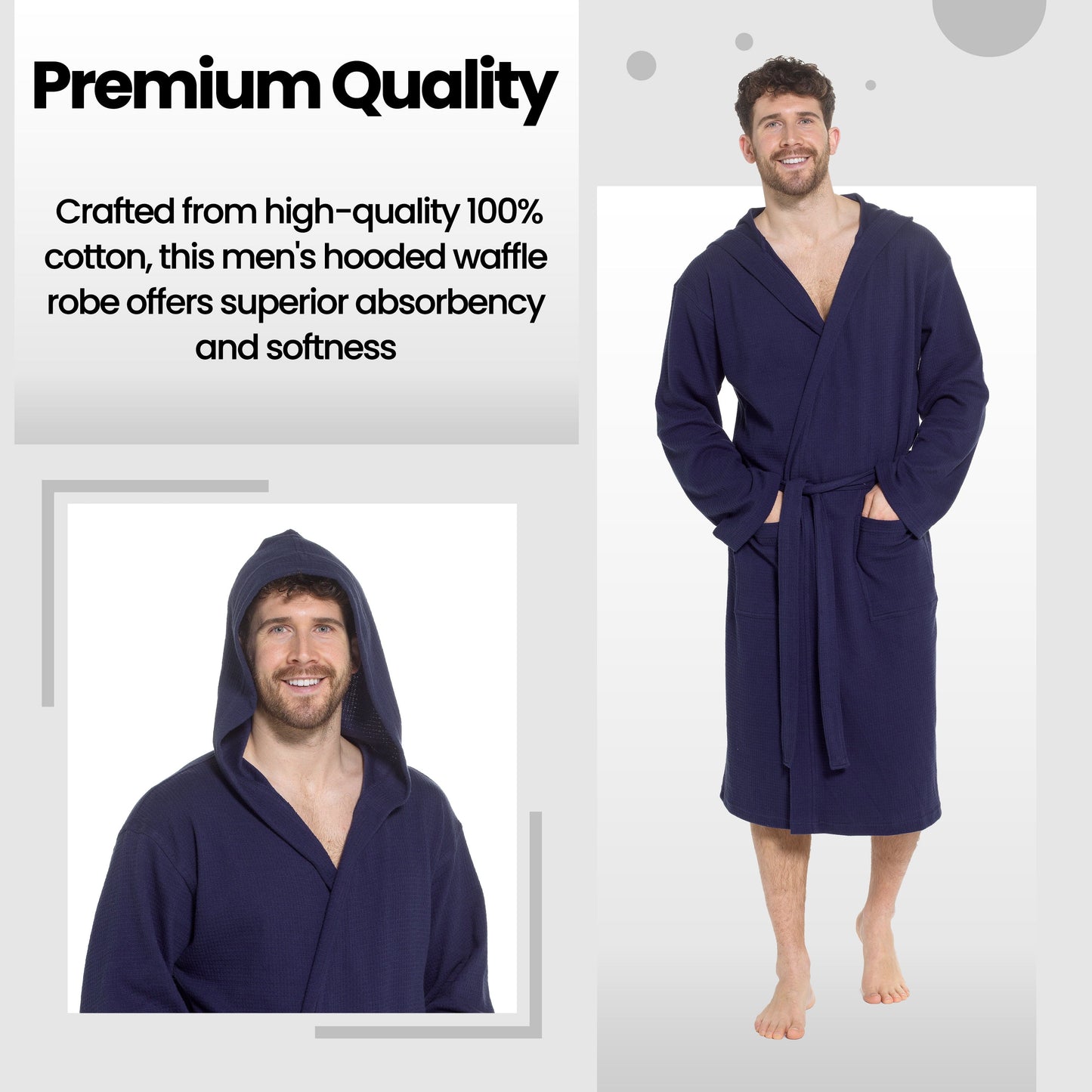 OLIVIA ROCCO Men's Hooded Waffle Cotton Bathrobe Navy Super Absorbent Cosy Easy-Care Nightwear Set