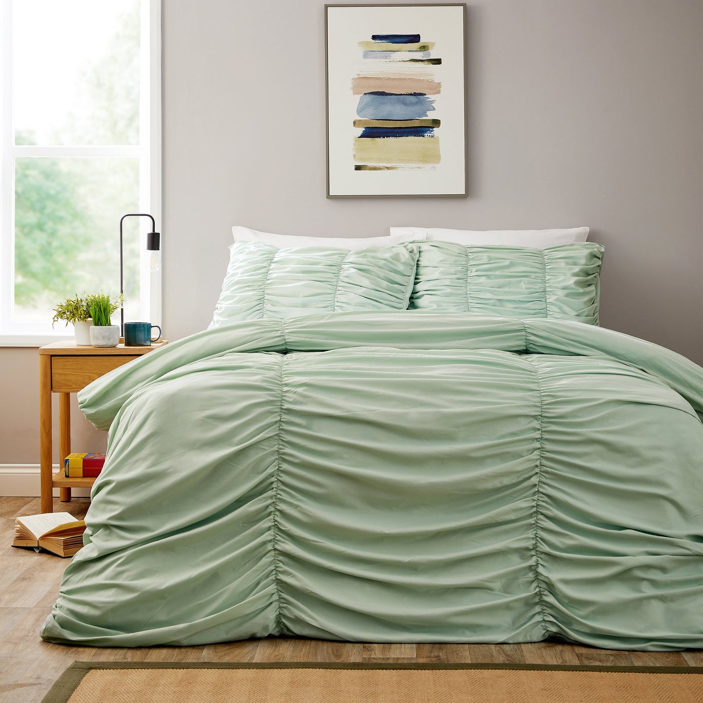 OLIVIA ROCCO Textured Pintuck Ruffles Pleated Microfibre Duvet Cover Set With Pillowcases