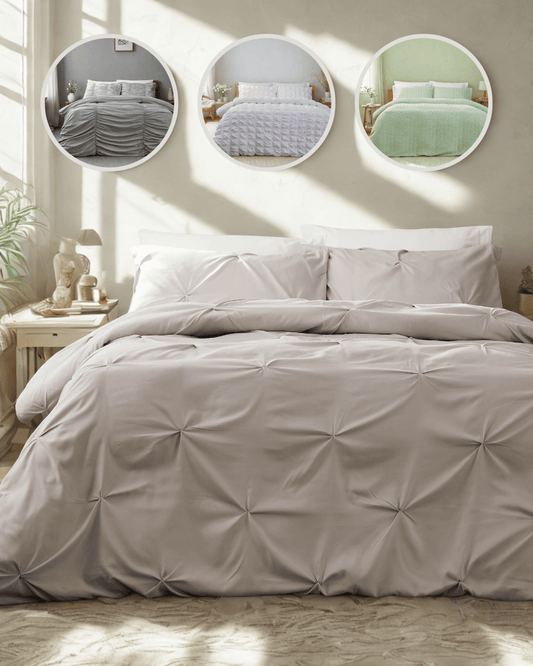 OLIVIA ROCCO Textured Pintuck Ruffles Pleated Microfibre Duvet Cover Set With Pillowcases