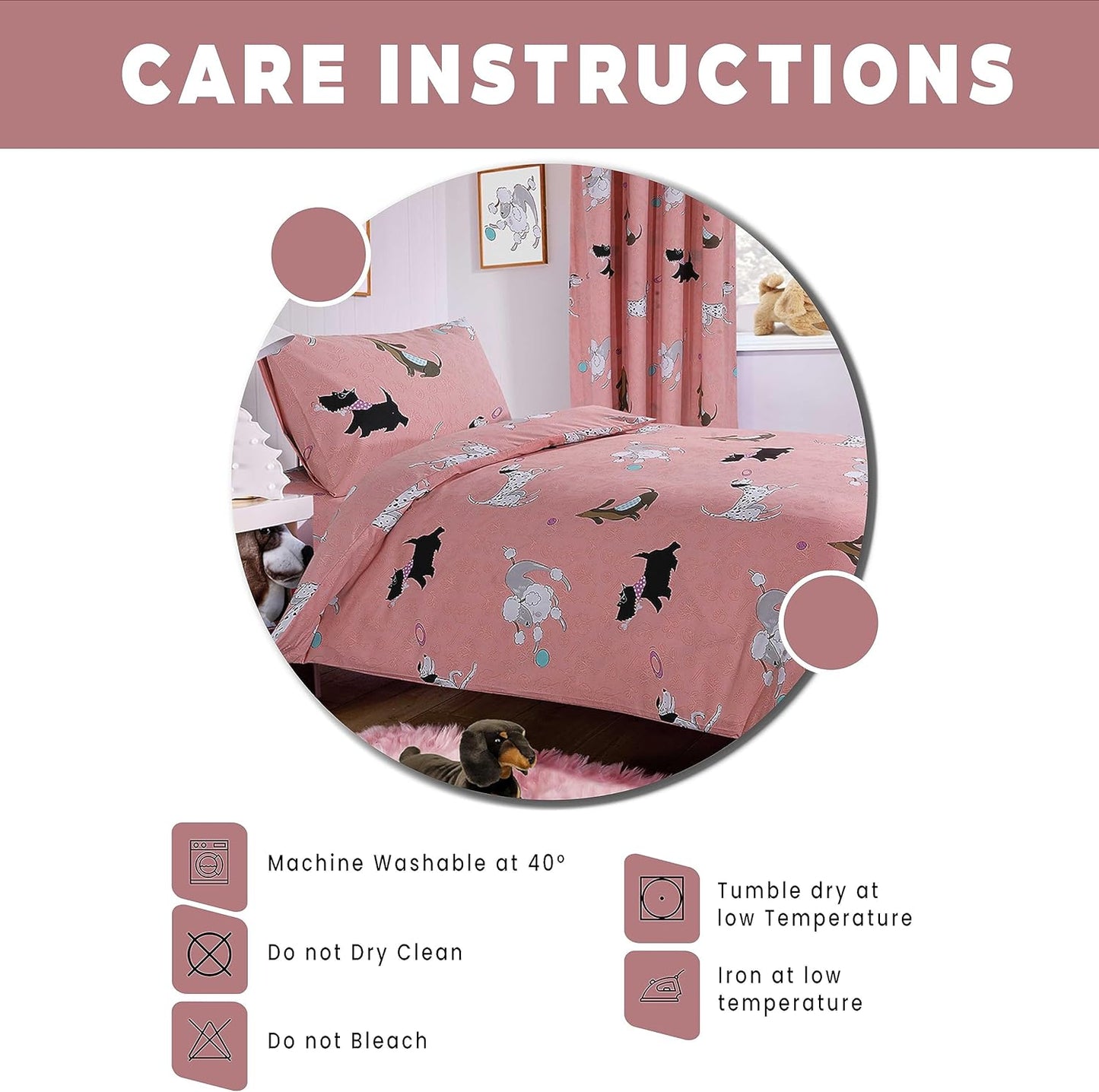 OLIVIA ROCCO Pink Dog Print Duvet Cover Set With Matching Curtains Cotton Blend Bedding