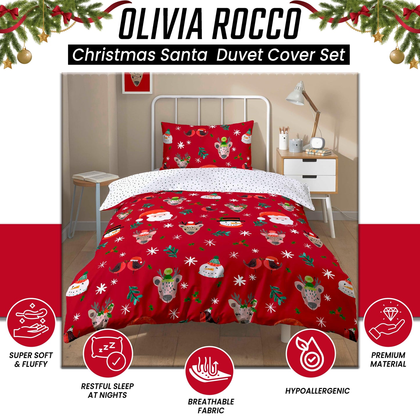 OLIVIA ROCCO Santa Duvet Cover Set With Pillowcases Reversible Xmas Snow-White Design