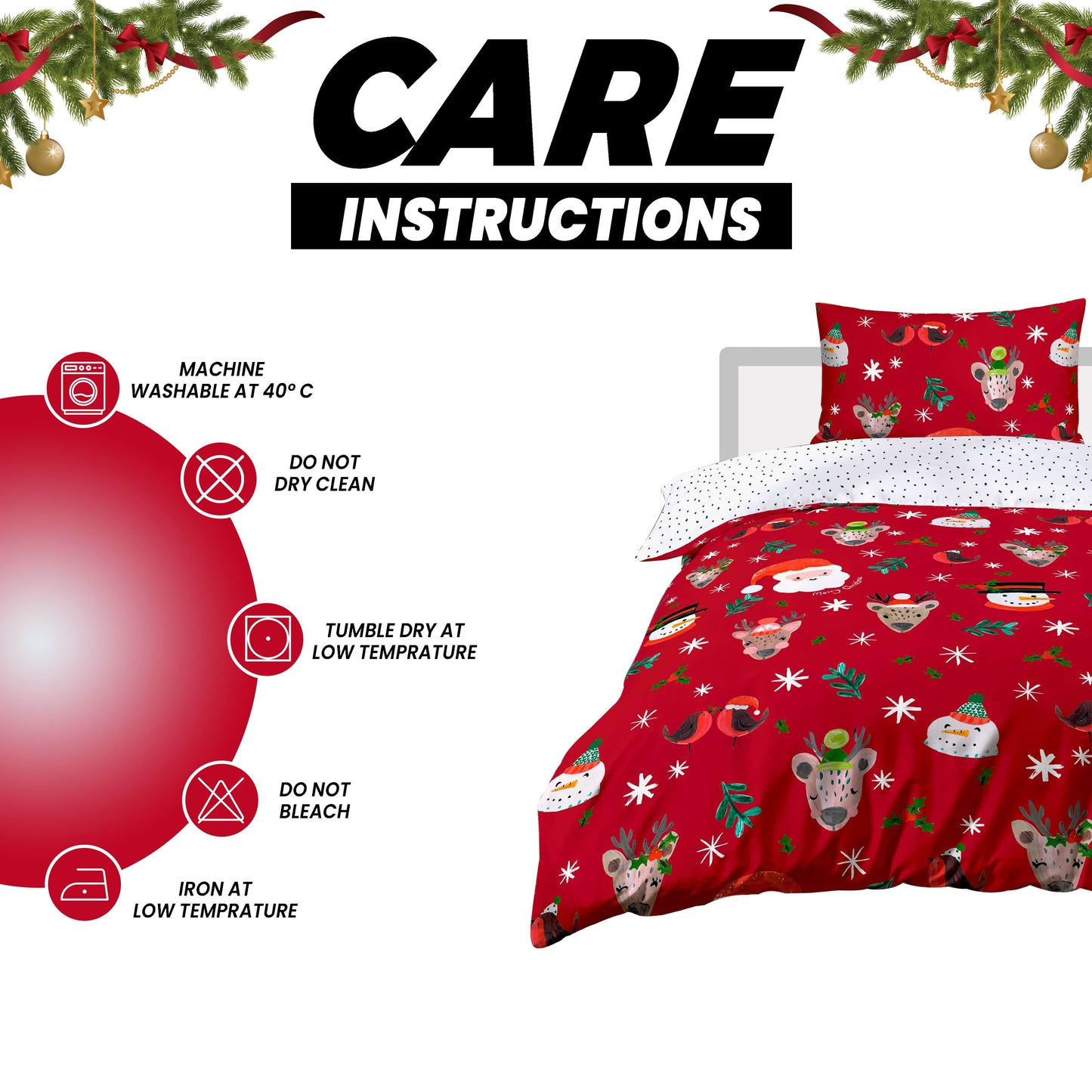 OLIVIA ROCCO Santa Duvet Cover Set With Pillowcases Reversible Xmas Snow-White Design