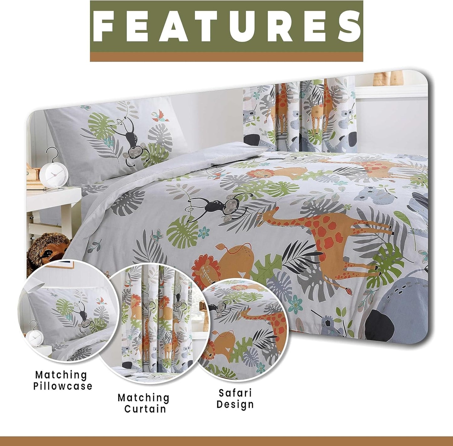 OLIVIA ROCCO Kids Safari Jungle Animal Print Duvet Cover Set With Pillowcase Soft Cosy