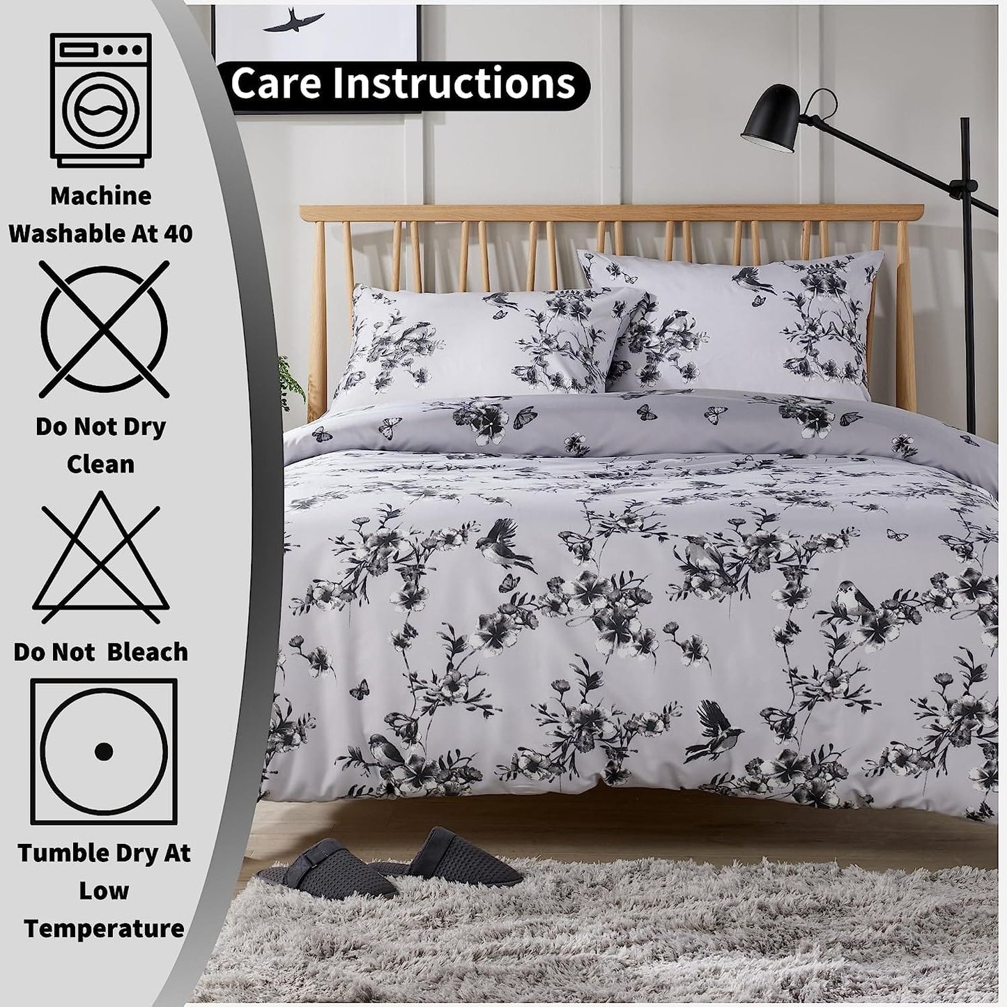 OLIVIA ROCCO Blossom Grey Printed Reversible Quilted Duvet Cover Set Easy Care Hotel-Quality Easy-Care Bedroom