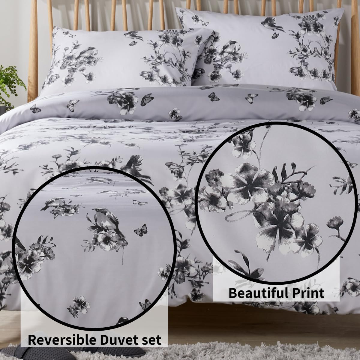 OLIVIA ROCCO Blossom Grey Printed Reversible Quilted Duvet Cover Set Easy Care Hotel-Quality Easy-Care Bedroom