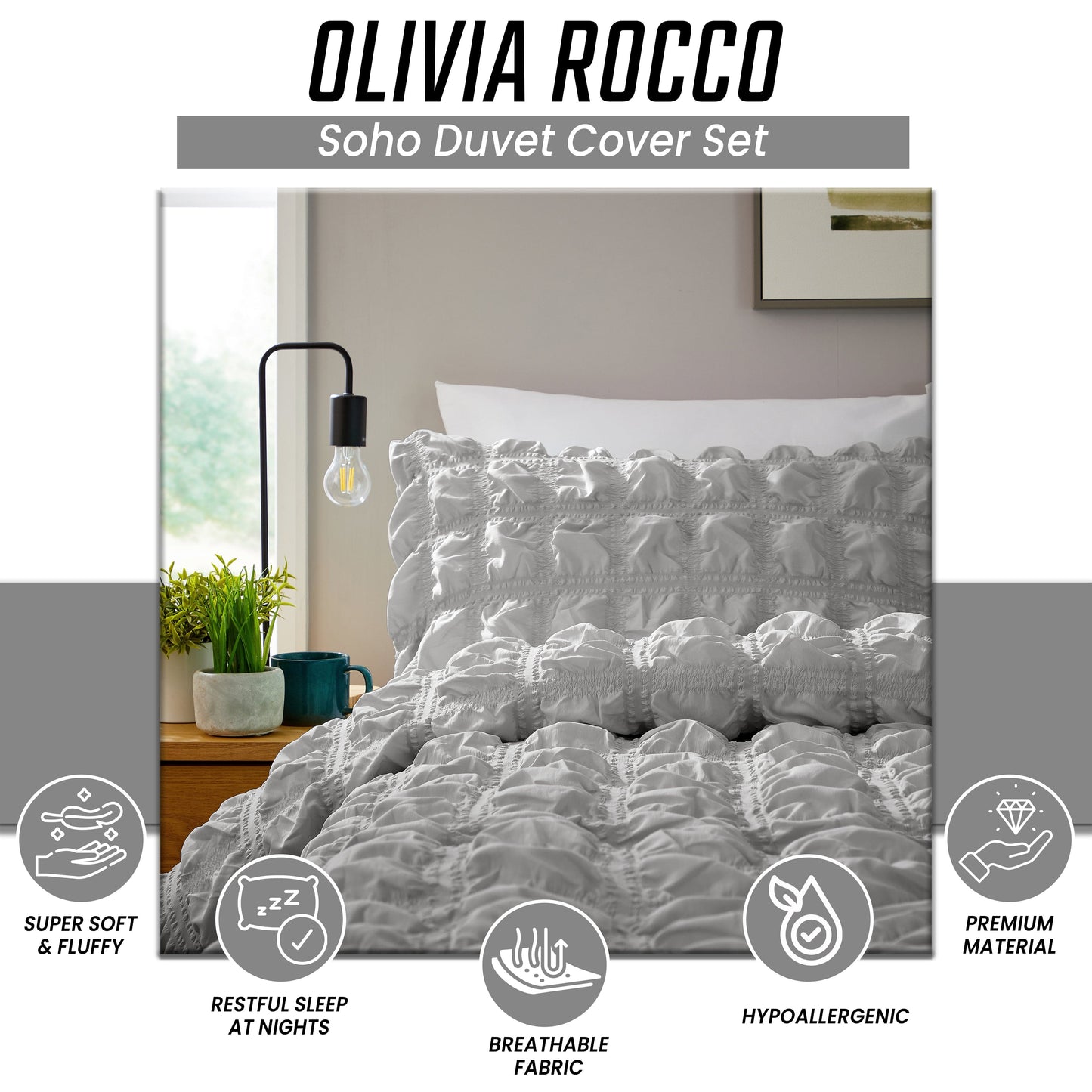 OLIVIA ROCCO Soho Grey Microfibre Duvet Cover Set With Pillowcases Quilted Super Soft