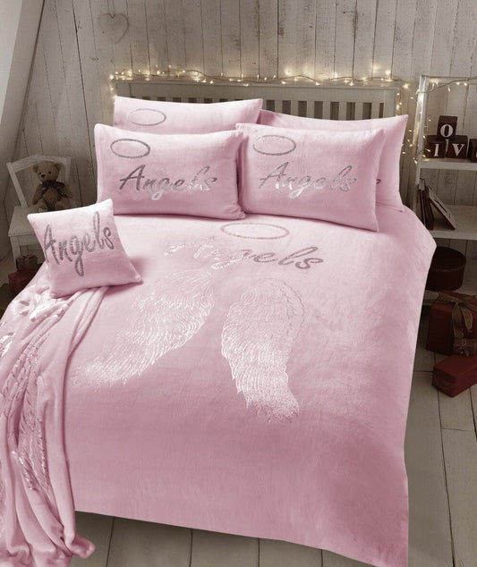 OLIVIA ROCCO Angel Wings Teddy Fleece Duvet Set Pink White Grey Super Soft Faux Fur