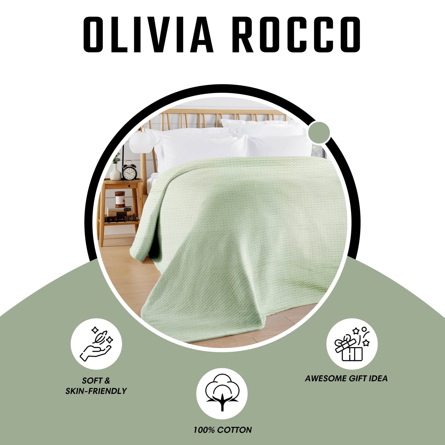 OLIVIA ROCCO Florian Checked Throw Blanket Sage Green 100% Cotton Bedspread For Sofas