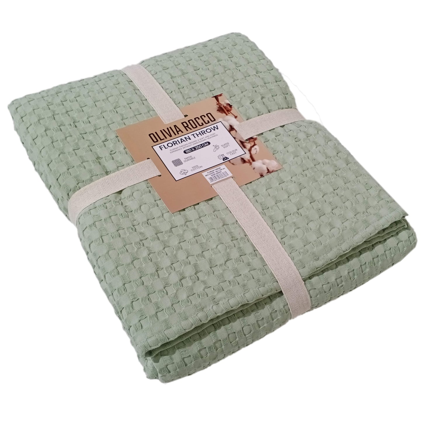 OLIVIA ROCCO Florian Checked Throw Blanket Sage Green 100% Cotton Bedspread For Sofas