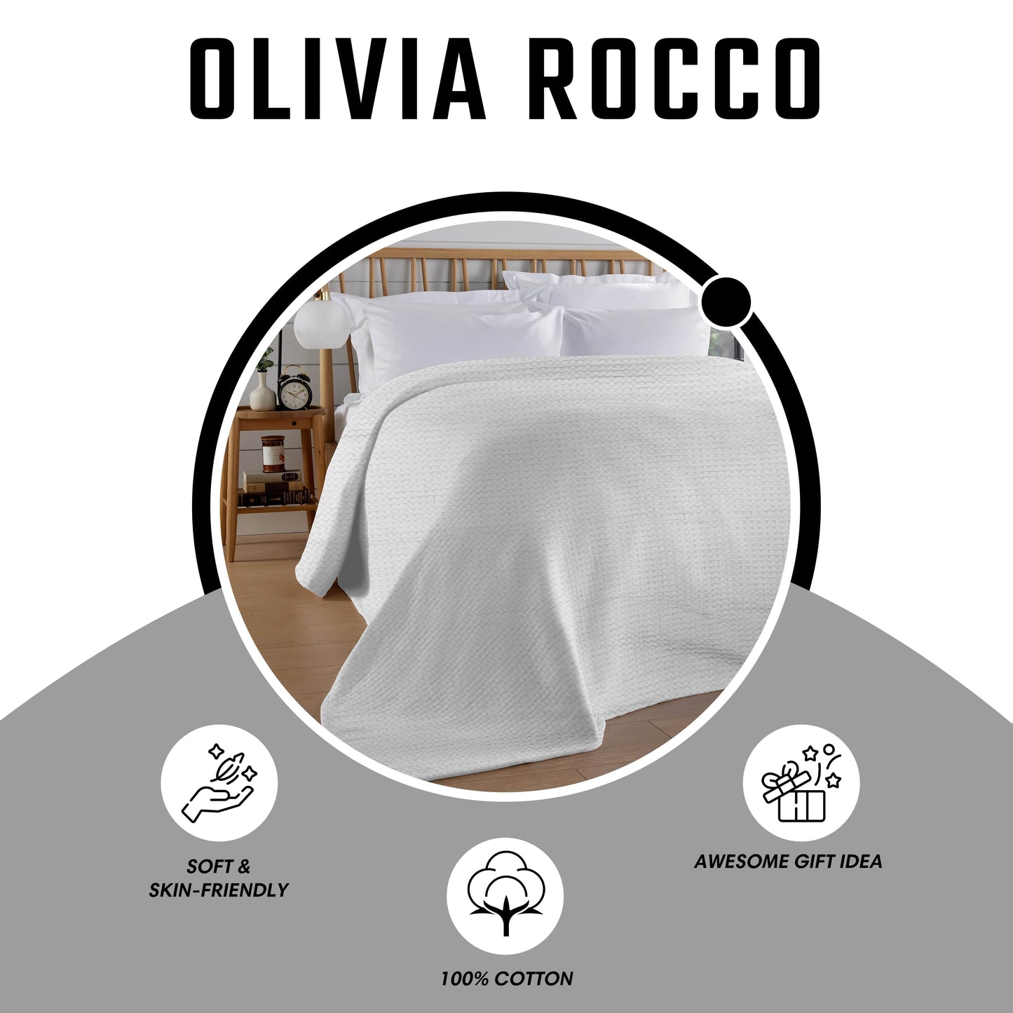 OLIVIA ROCCO Florian Checked Throw Blanket White 100% Cotton Bedspread For Sofa And Bed