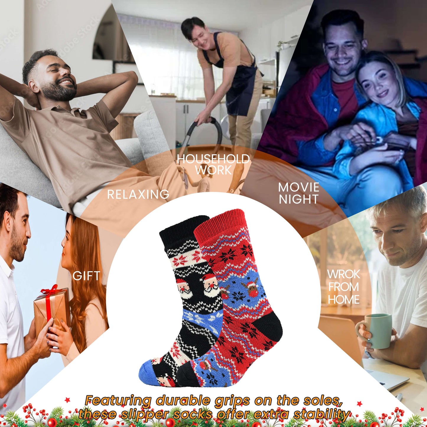 Sock Stack Pack Of 2 Men's Festive Chunky Knit Slipper Socks With Grips Non Slip Sole