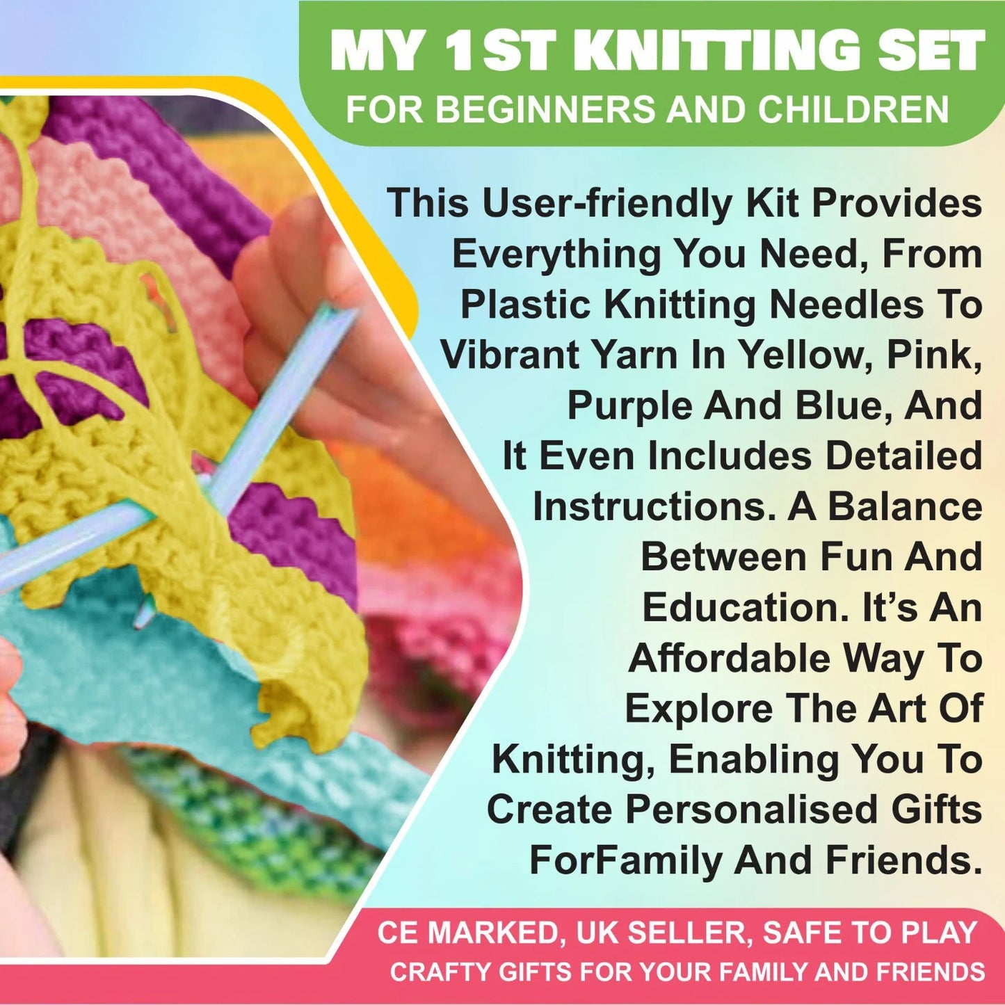 Kids Knitting Set with Wool & Needles – Learn to Knit Craft Kit (Ages 6+)